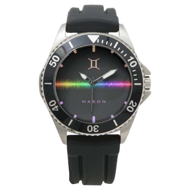Gemini Zodiac Sign Rainbow Pride Flag Line Name Watch (Front)