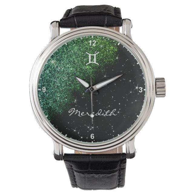 Gemini Zodiac Sign Teal Green Glitter Stars Name Watch (Front)