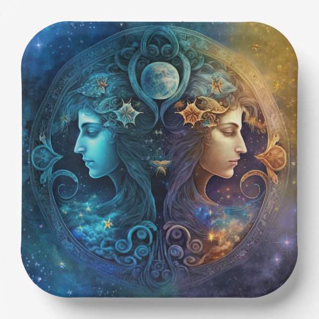 Gemini Zodiac Sign Watercolor Design Paper Plate (Front)
