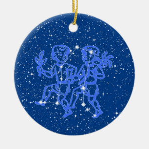 Gemini Zodiac Sign with Stars on Deep Blue Ceramic Ceramic Tree Decoration