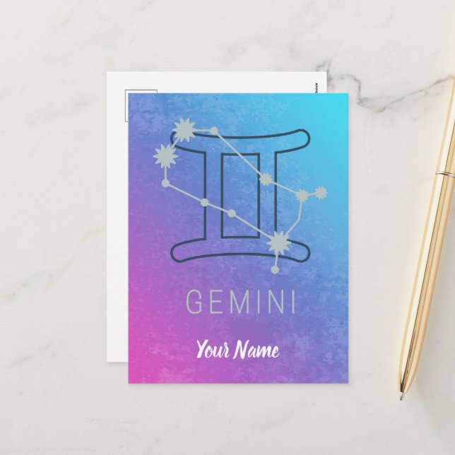 Gemini Zodiac Star Sign Watercolor Horoscope Holiday Postcard (Front/Back In Situ)
