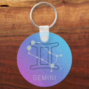 Gemini Zodiac Star Sign Watercolor Horoscope Key Ring