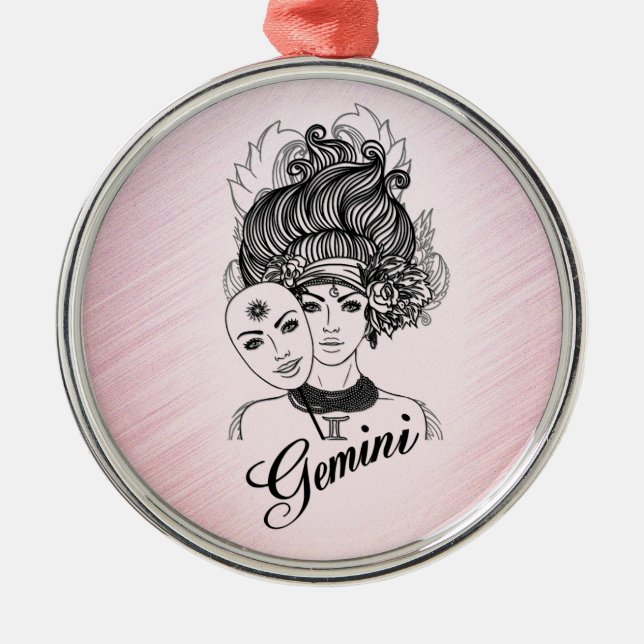 Gemini Zodiac Symbol and Sign Pink Metal Tree Decoration (Front)