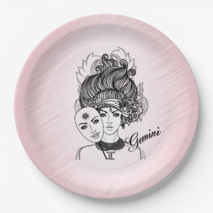 Gemini Zodiac Symbol and Sign Pink Paper Plate