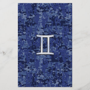 Gemini Zodiac Symbol Blue Digital Camouflage Stationery