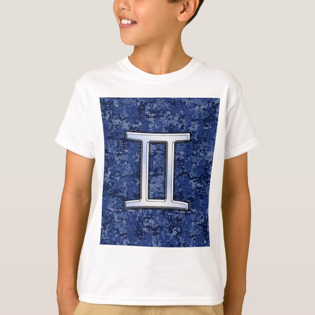 Gemini Zodiac Symbol Blue Digital Camouflage T-Shirt (Front)