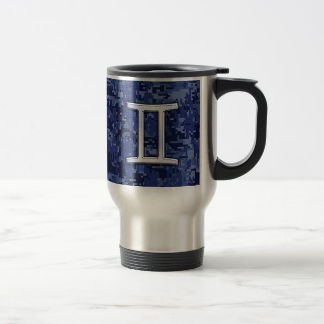 Gemini Zodiac Symbol Blue Digital Camouflage Travel Mug (Right)