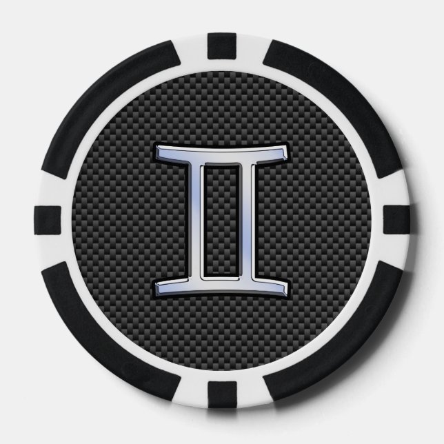 Gemini Zodiac Symbol Charcoal Carbon Fibre Print Poker Chips (Front)