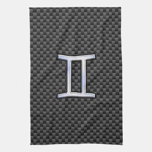 Gemini Zodiac Symbol Charcoal Carbon Fibre Style Tea Towel (Vertical)