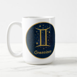 Gemini zodiac symbol gold blue stars personalised coffee mug