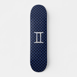 Gemini Zodiac Symbol Navy Blue Carbon Fibre Print Skateboard