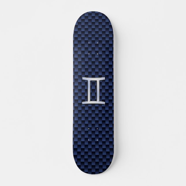 Gemini Zodiac Symbol Navy Blue Carbon Fibre Print Skateboard (Front)