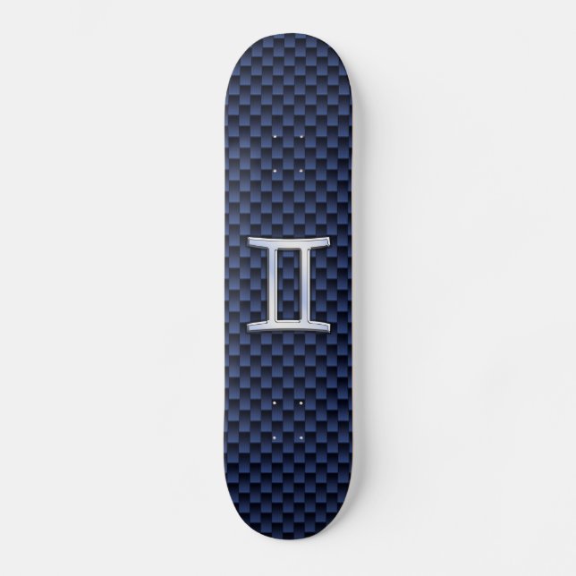Gemini Zodiac Symbol Navy Blue Carbon Fibre Print Skateboard (Front)