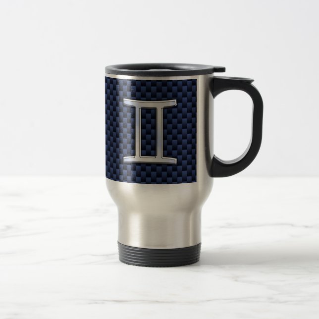 Gemini Zodiac Symbol Navy Blue Carbon Fibre Style Travel Mug (Right)