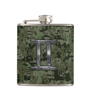 Gemini Zodiac Symbol on Green Digital Camo Hip Flask