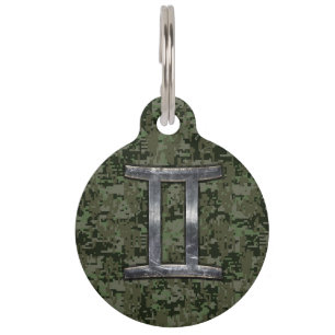 Gemini Zodiac Symbol on Green Digital Camo Pet Tag