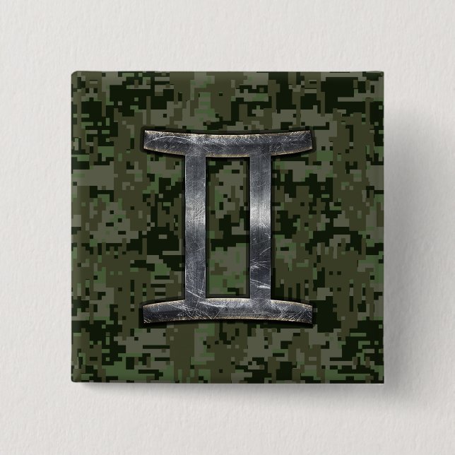 Gemini Zodiac Symbol on Green Digital Camouflage 15 Cm Square Badge (Front)