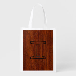 Gemini Zodiac Symbol on Mahogany like Decor Reusable Grocery Bag