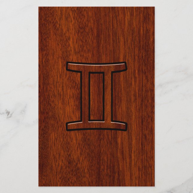 Gemini Zodiac Symbol on Mahogany like Decor Stationery (Front)