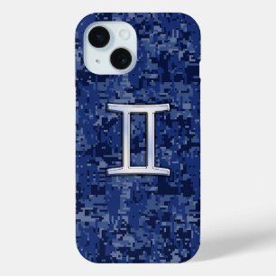 Gemini Zodiac Symbol on Navy Blue Camo iPhone 15 Case