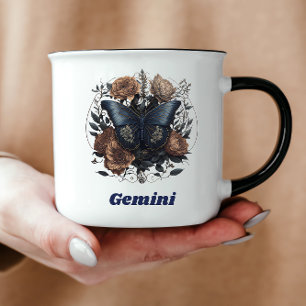 Gemini Zodiac Vintage Art With Dark Blue Text Mug