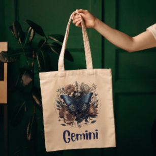 Gemini Zodiac Vintage Art With Dark Blue Text Tote Bag