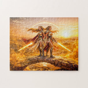 Gemini Zodiac with Twin Warrior Women and Glowing  Jigsaw Puzzle