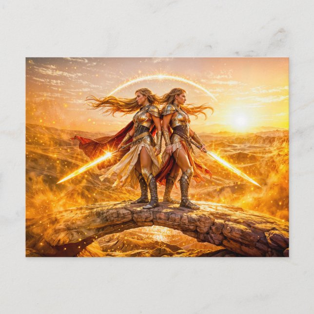 Gemini Zodiac with Twin Warrior Women and Glowing  Postcard (Front)