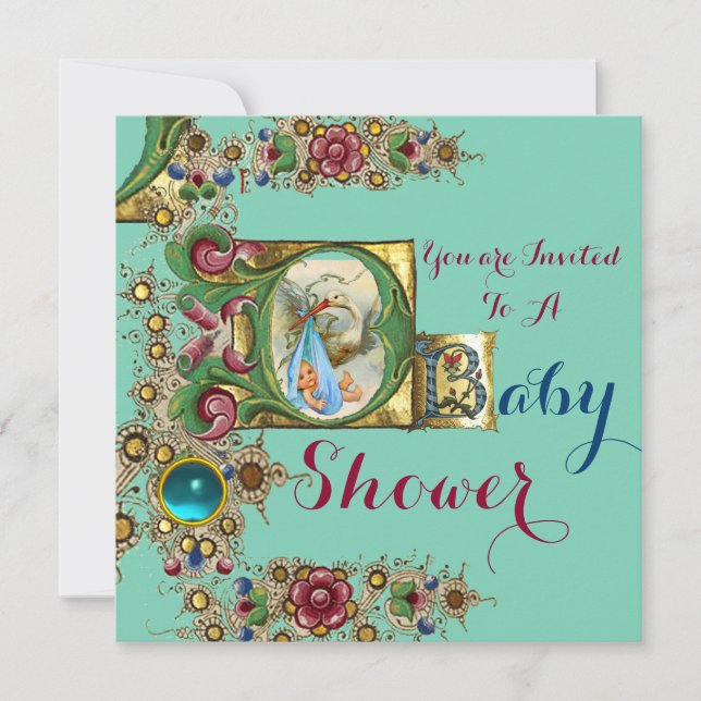 GEMS AND BLUE GOLD FLORAL STORK BOY BABY SHOWER INVITATION (Front)