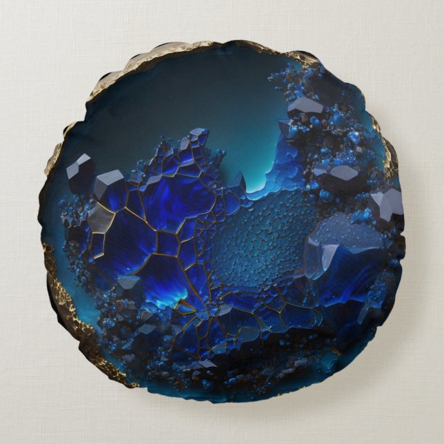 Gemstone Blue Sapphire Crystal Rock Round Cushion (Front)