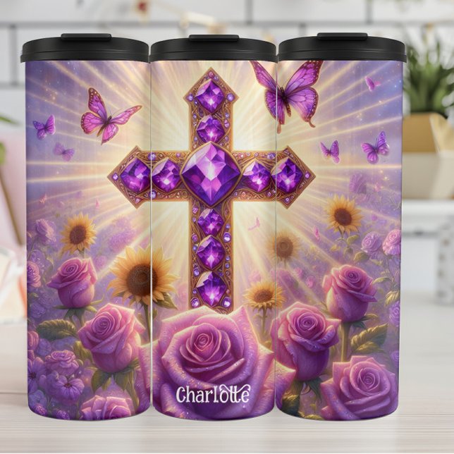 Gemstone Cross: Radiant, Floral Majesty Thermal Tumbler (Creator Uploaded)