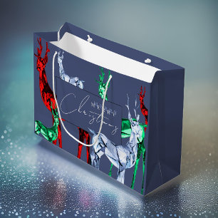 Gemstone Crystal Reindeer Merry Christmas Holiday Large Gift Bag
