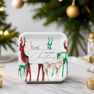 Gemstone Crystal Reindeer Merry Christmas Holiday Paper Plate