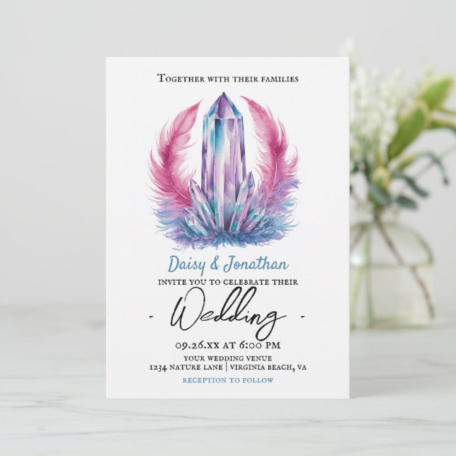 gemstone crystal watercolor wedding invitation (Standing Front)