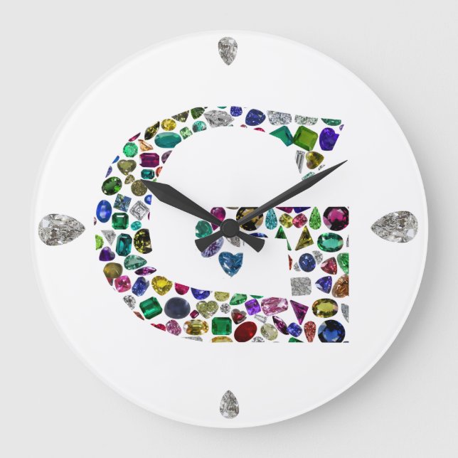 Gemstone Diamond Initial G Monogram Art Large Clock (Front)