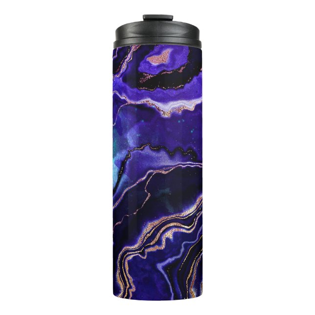 Gemstone Geode Blue Purple Rose Gold Black Agate Thermal Tumbler (Front)