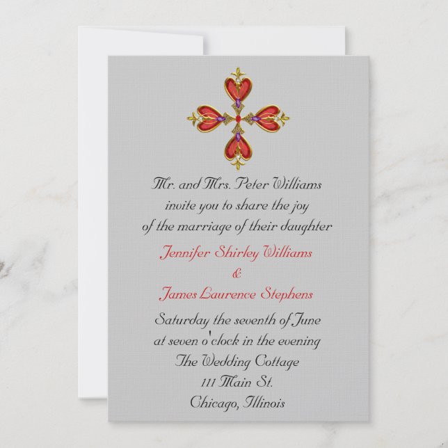 Gemstone Heart Cross Wedding Invitation (Front)