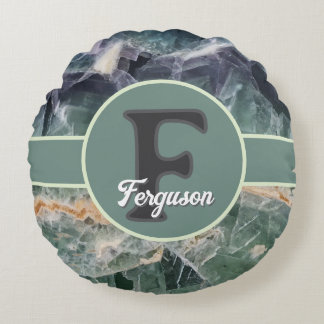 Gemstone Initial Green Purple Family Monogram Round Cushion