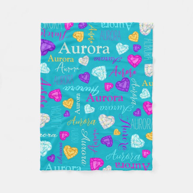 Gemstones hearts custom name colourful Aurora Fleece Blanket (Front)