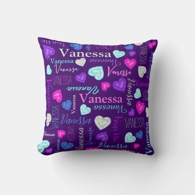 Gemstones hearts custom name colourful Vanessa  Cushion (Front)