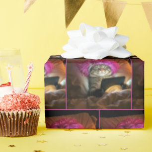 Gen Z Cat Staring an Electronic Tablet In Bed Wrapping Paper