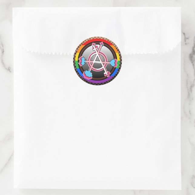 Gender Anarchy Symbol, Emblem on Dark Chequerboard Classic Round Sticker (Bag)