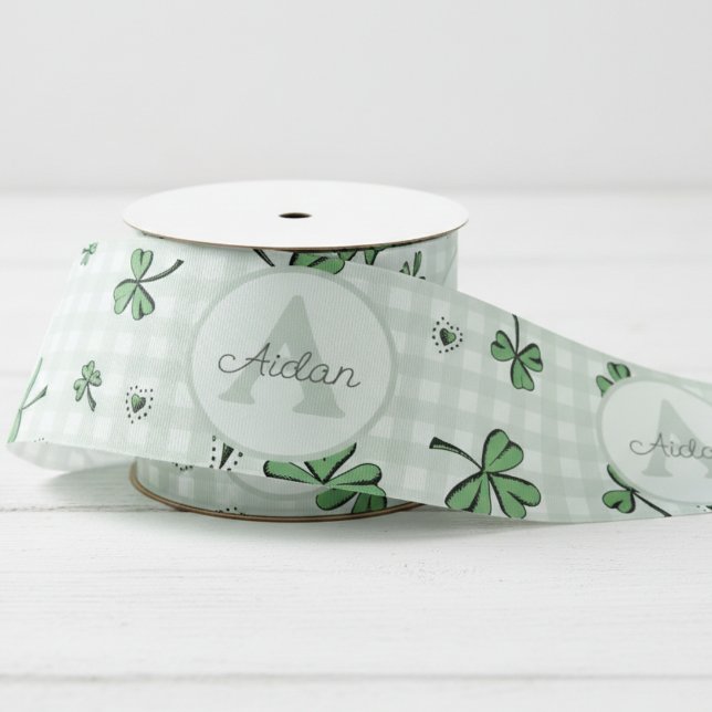 Gender Netural Monogrammed Green Shamrocks Grosgrain Ribbon (Gender Neutral Irish Baby Shower Ribbon. Vintage Shamrock & Heart Drawing on Green and White Gingham)