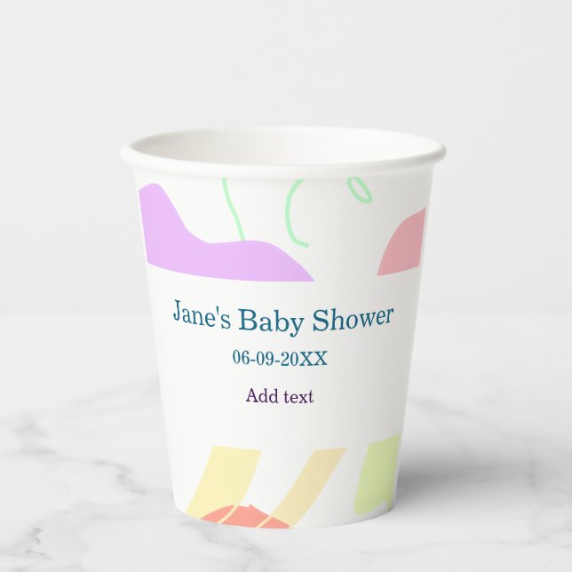 Gender neutral abstract shapes baby shower name paper cups (Front)