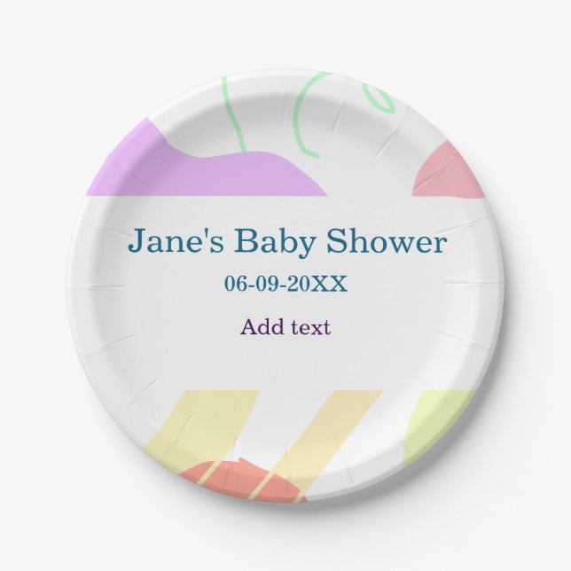 Gender neutral abstract shapes baby shower name paper plate (Front)