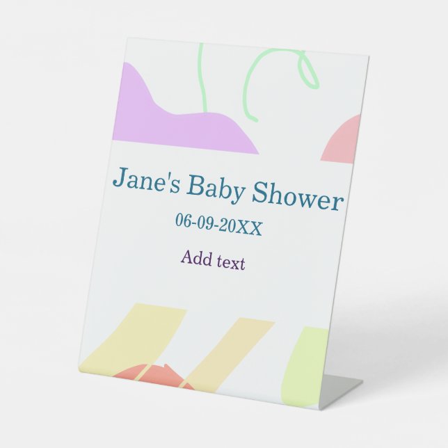 Gender neutral abstract shapes baby shower name pedestal sign (Front)