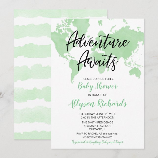 Gender neutral adventure awaits green baby shower invitation (Front/Back)