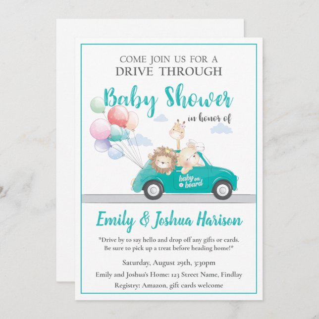 Gender Neutral Animals Drive Through Baby Shower Invitation (Front/Back)