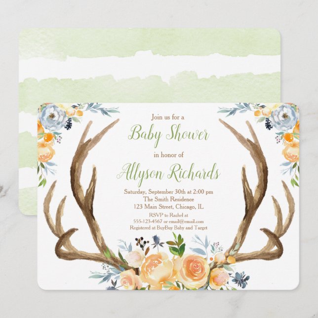 Gender neutral antlers baby shower sprinkle invitation (Front/Back)