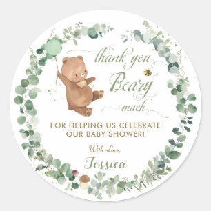 Gender Neutral Baby Bear Greenery Thank You Favour Classic Round Sticker